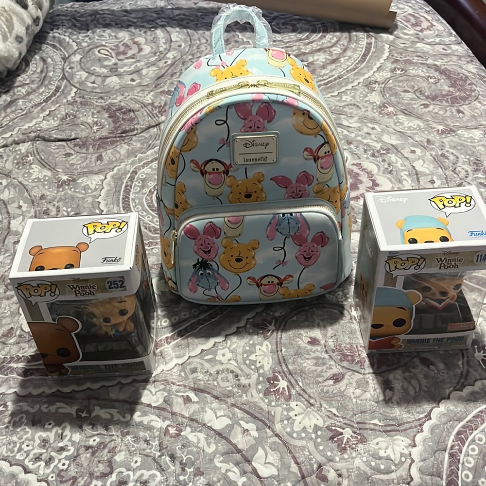 Disney Winnie the Pooh loungefly and two funko pop